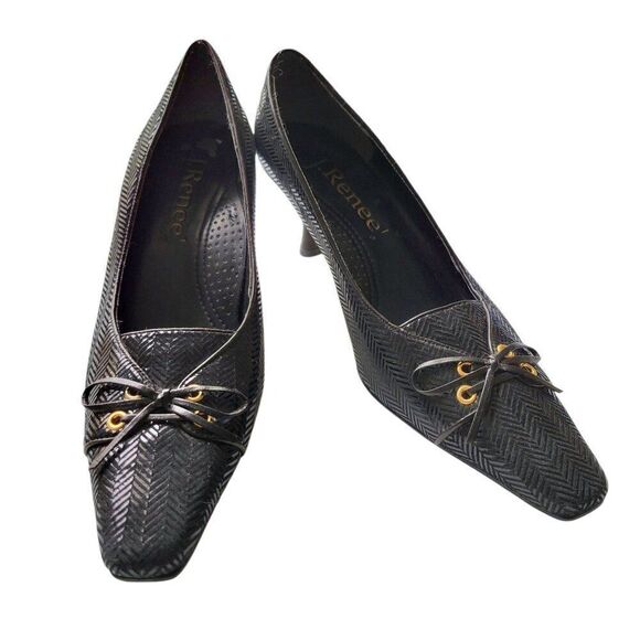 Renee Black Patent Leather Kitten Heels Size 7 With Bow & Gold Eyelets Zigzag - Picture 1 of 8
